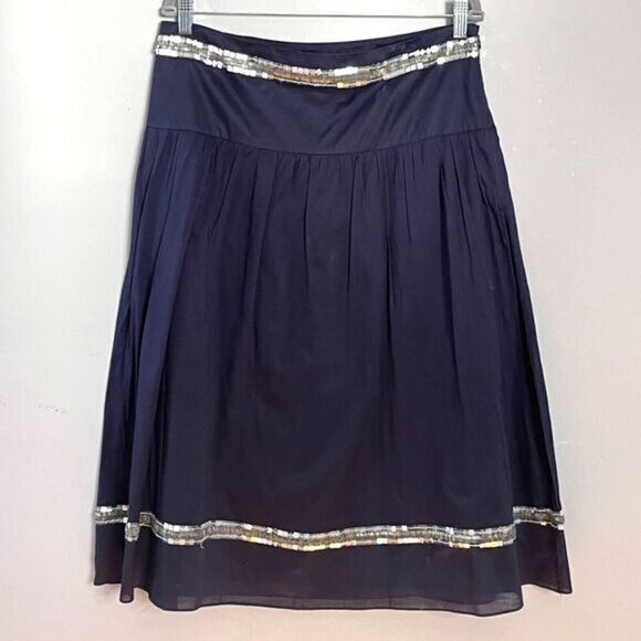 Tory‎ Burch Cotton Voile Midi Skirt Size 10 Navy Blue Beaded Sequins Gyspy Boho - Picture 1 of 12
